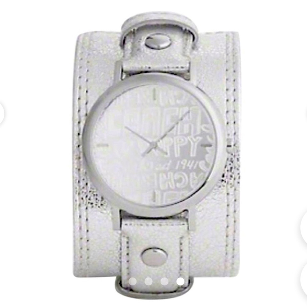 Coach Poppy cuff watch. Genuine leather with silver‎ metallic design. Vintage